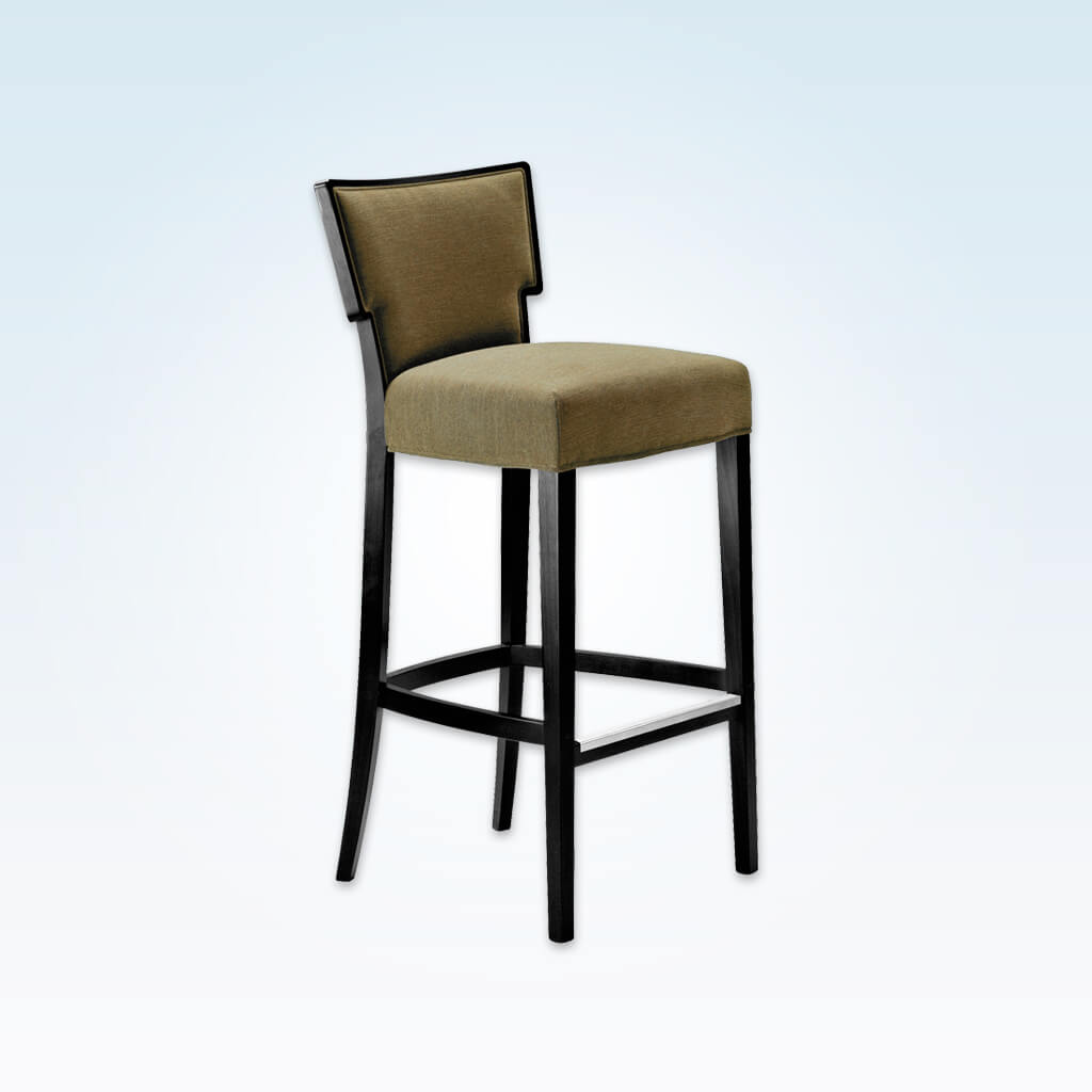 Alaska sage green bar stool with upholstered seat and backrest with a show wood trim 