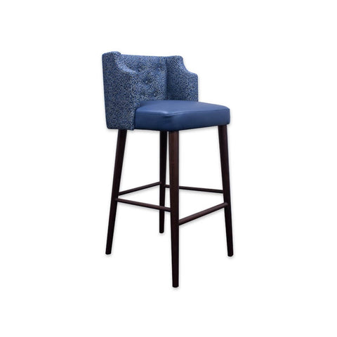 Ariel blue bar stool with upholstered back and faux leather seat pad