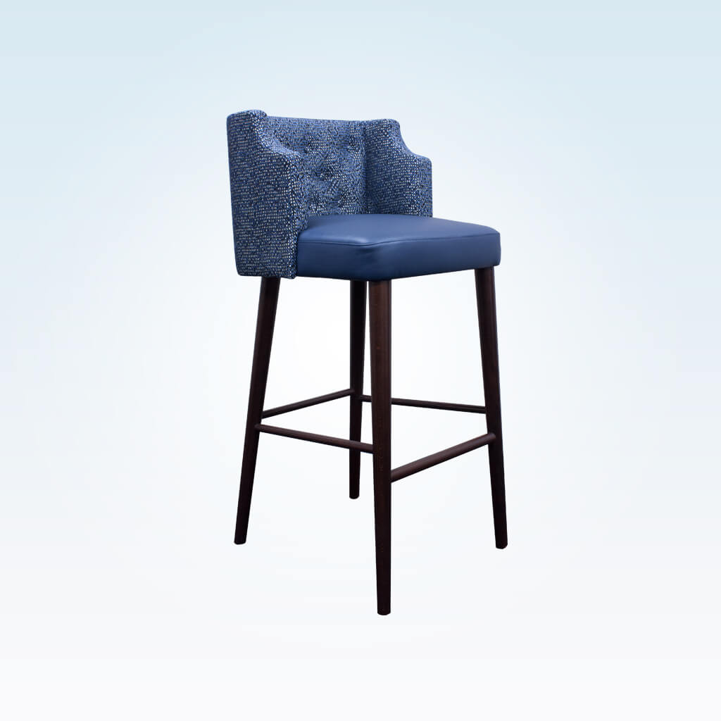 Ariel blue bar stool with upholstered back and faux leather seat pad