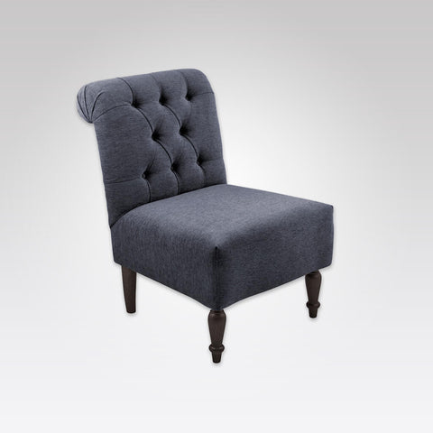 Bali Deep Button Back Upholstered Blue Lounge Chair with Scroll Backrest and Show Wood Legs