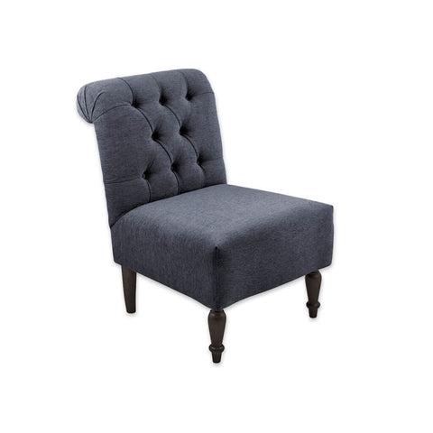Bali Deep Button Back Upholstered Blue Lounge Chair with Scroll Backrest and Show Wood Legs
