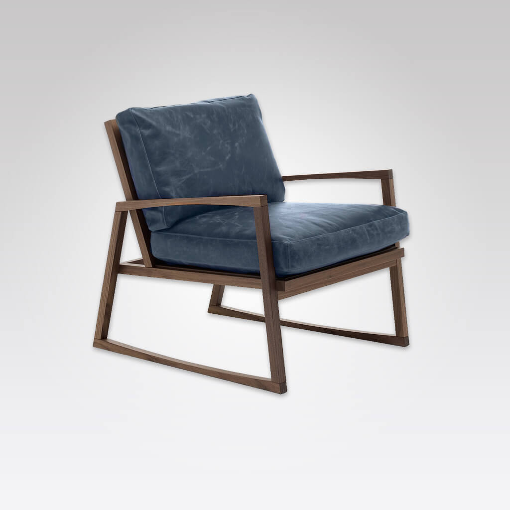 Bohemia Geometric Dark Blue Lounge Chair with Wooden Ski Leg Design and Padded Seat