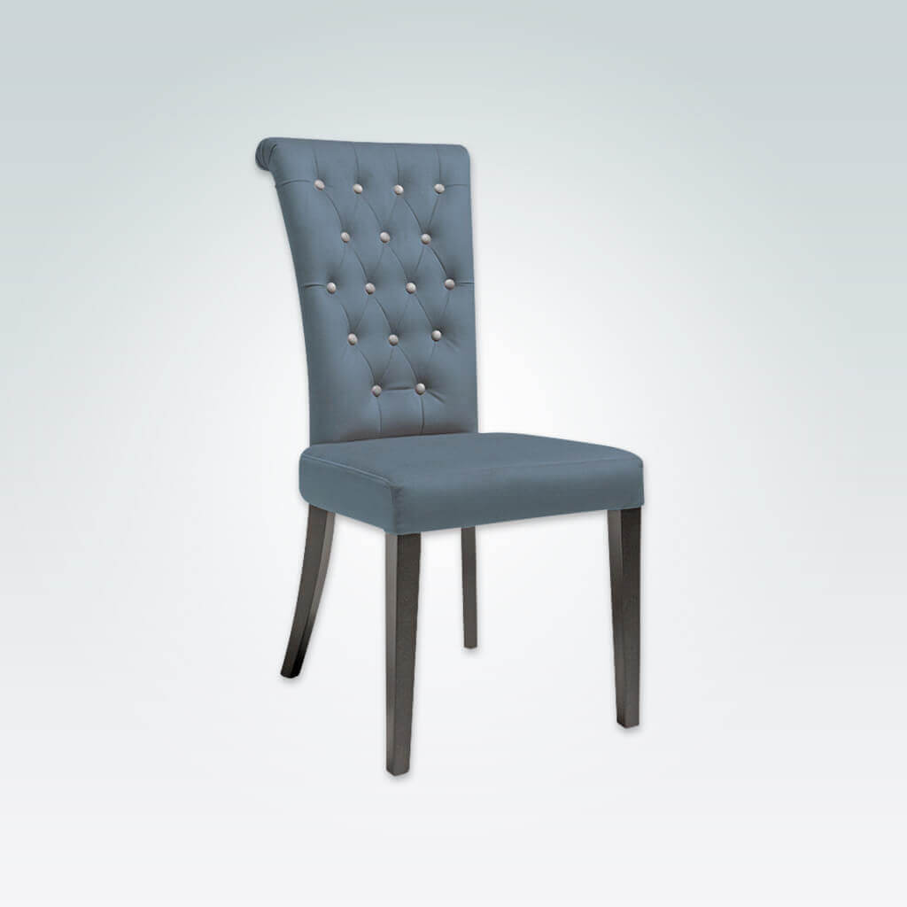 Bruelle Blue Buttoned Backed Dining Room Chair Scroll Back Deep Buttoning and Dark Wooden Legs