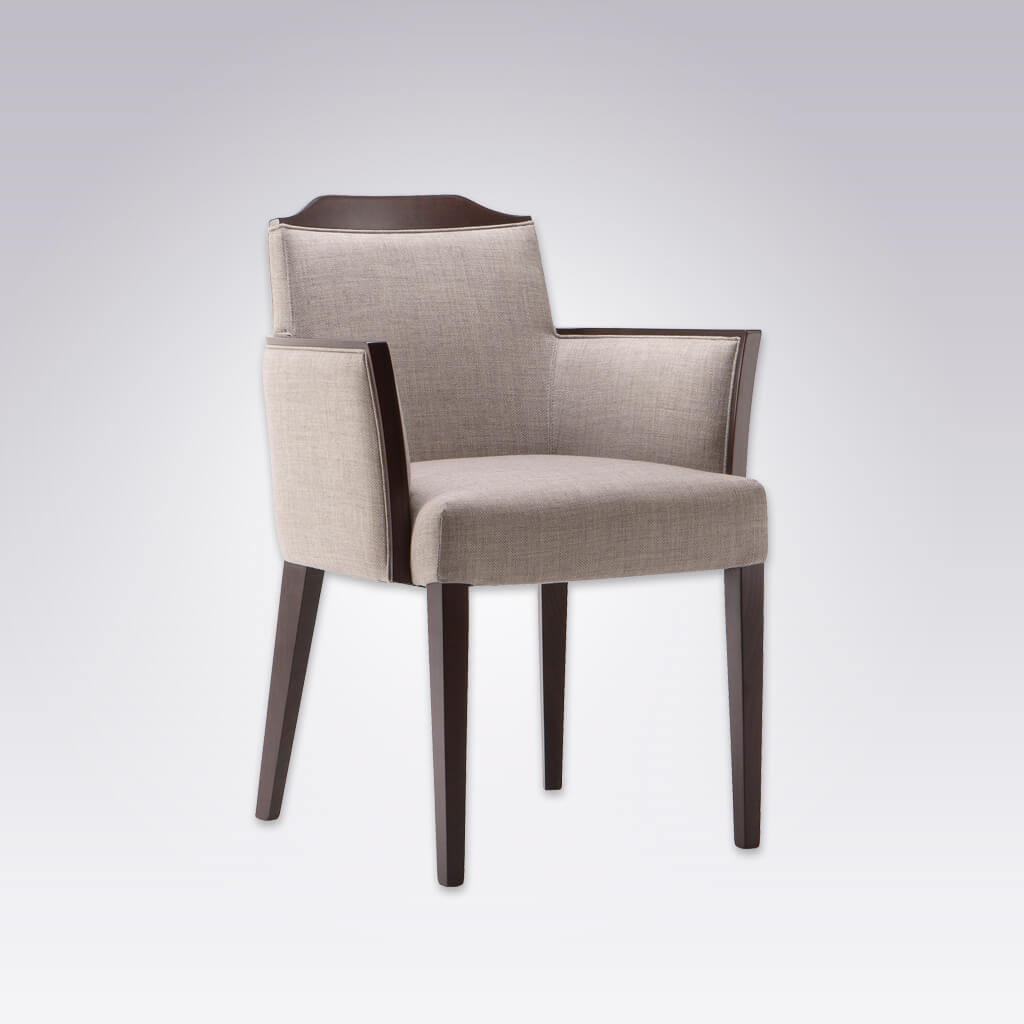 Caesar  Beige Fabric Armchair with Brown Tapered Legs and Show Wood Back and Arm Detail