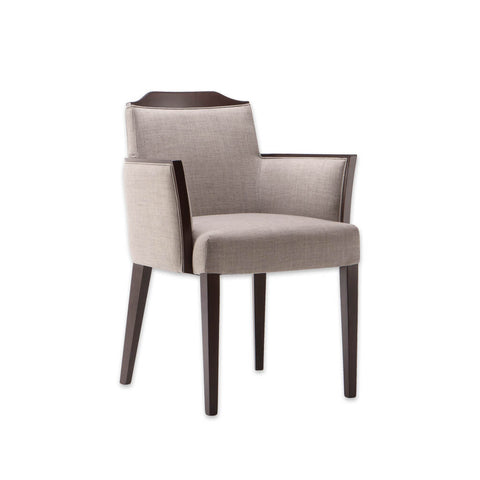 Caesar  Beige Fabric Armchair with Brown Tapered Legs and Show Wood Back and Arm Detail