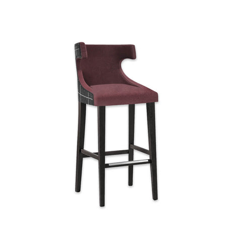 Capture plum bar stool with high hammerhead backrest and sturdy timber legs with metal reinforced kick plate 