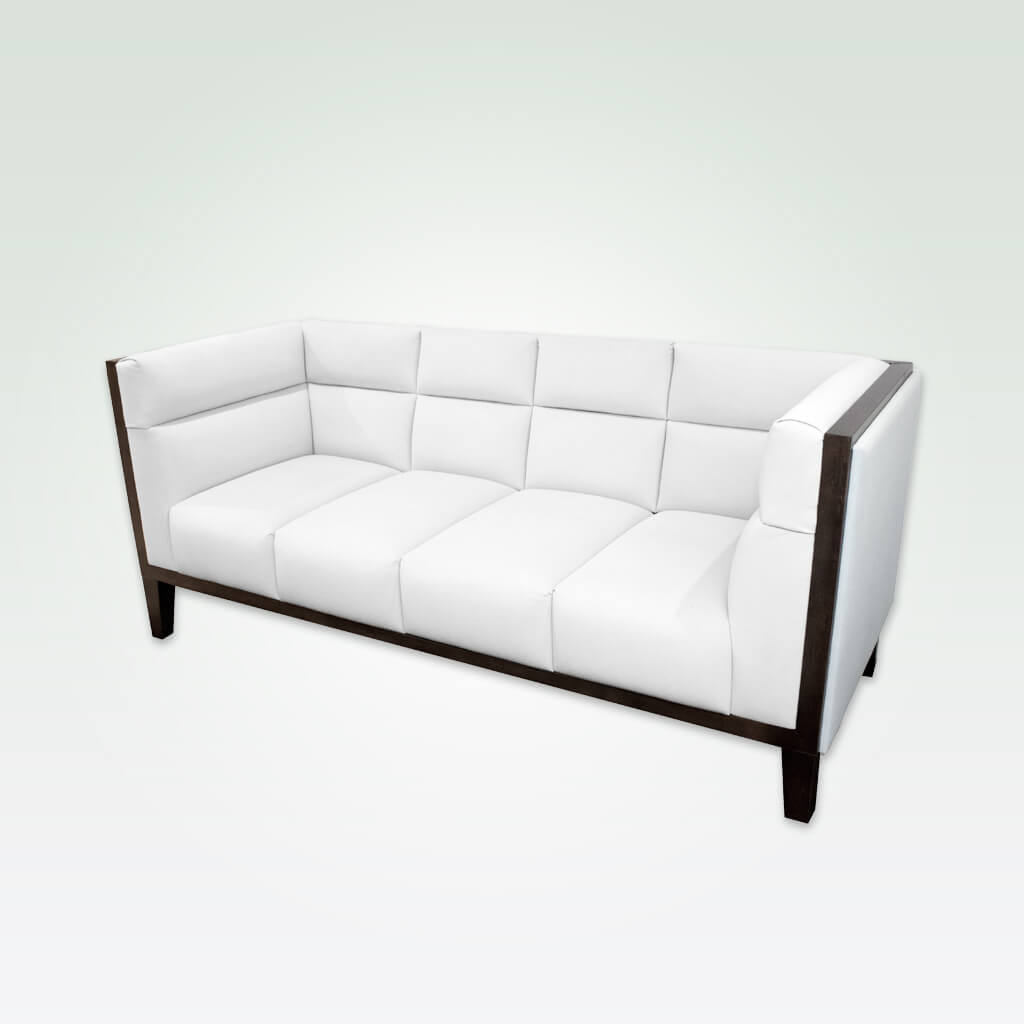 Cava white leather sofa with deep padded cushions featuring decorative stitching and a show wood trim to the arm and back rests