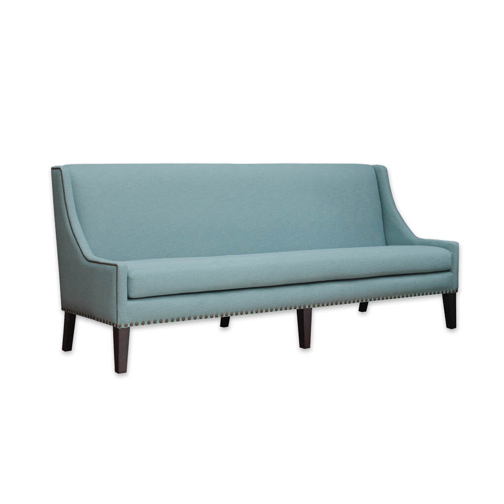 Cerler baby blue sofa with high backrest and attractive piping and studding trims and six tapered wooden legs - Designers Image
