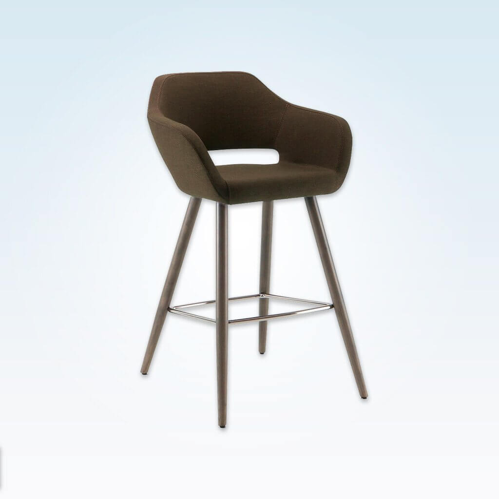 Ciro dark brown bar stool with cut out back detail and cylindrical timber legs with metal kick plate 