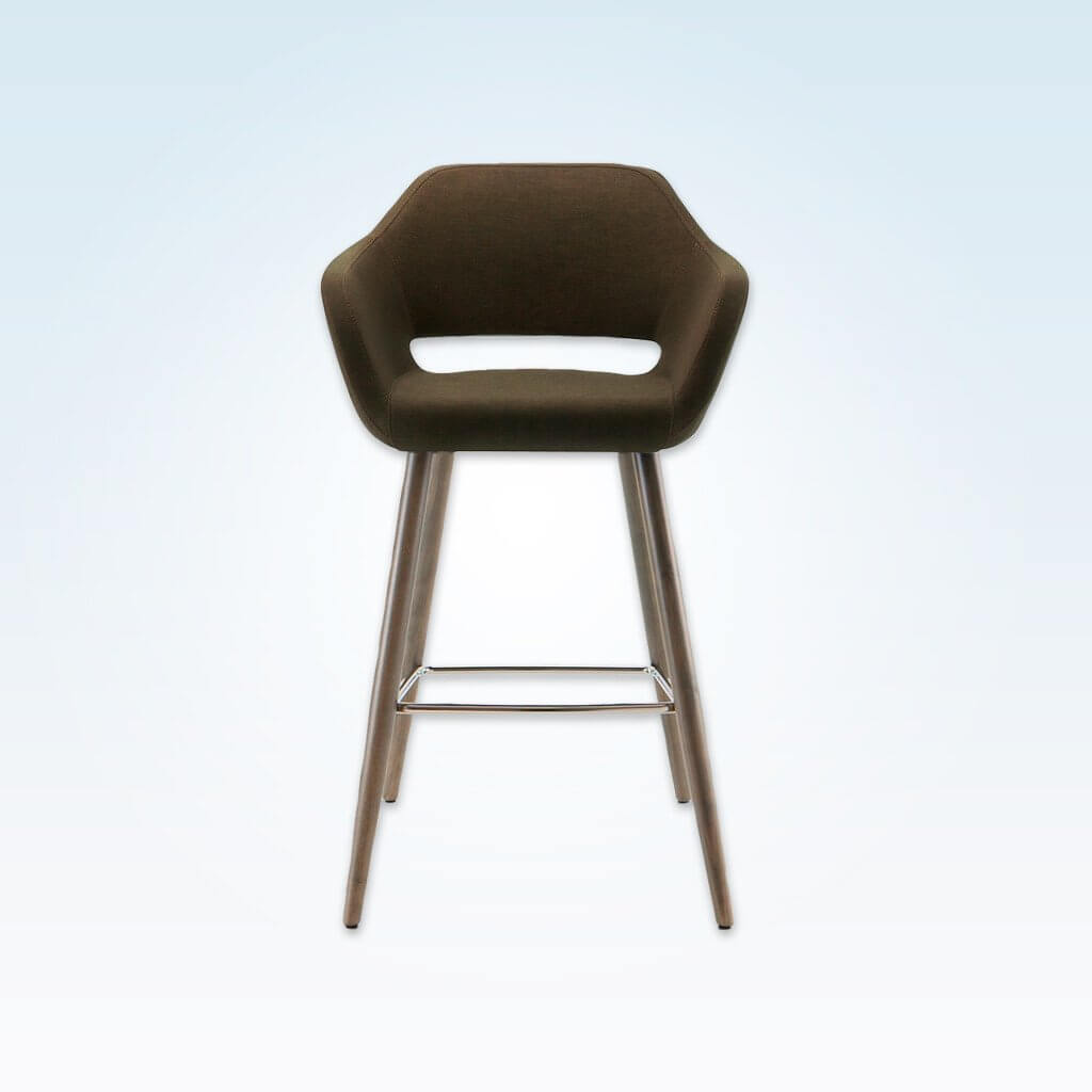 Ciro dark brown bar stool with cut out back detail and cylindrical timber legs with metal kick plate  - Front View