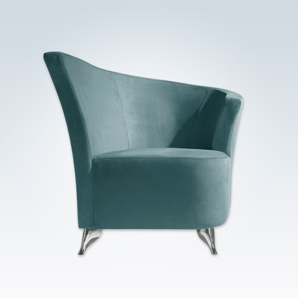 Claudia turquoise accent chair with a-symmetric curved backrest and chrome finished feet