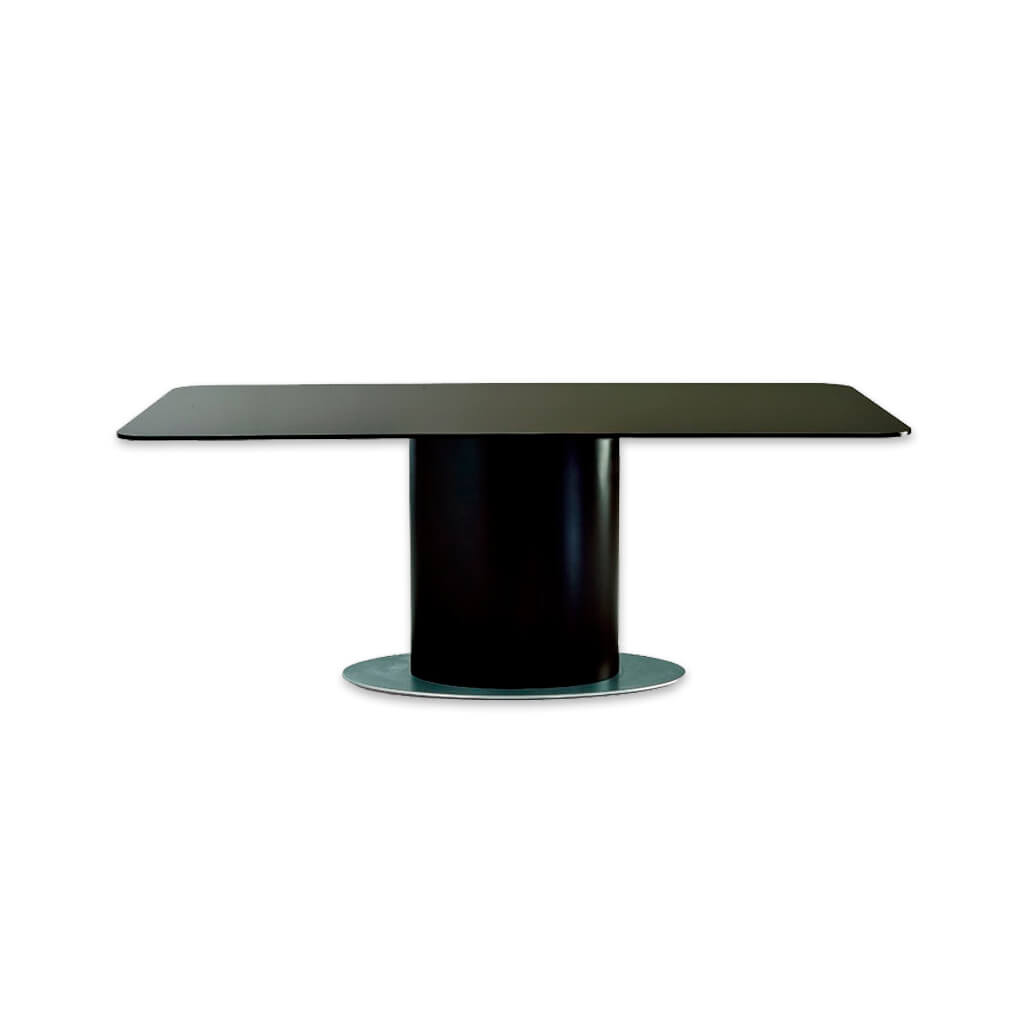Cortez modern black dining table with metal base plate over-sized timber pedestal and rectangular top - Designers Image