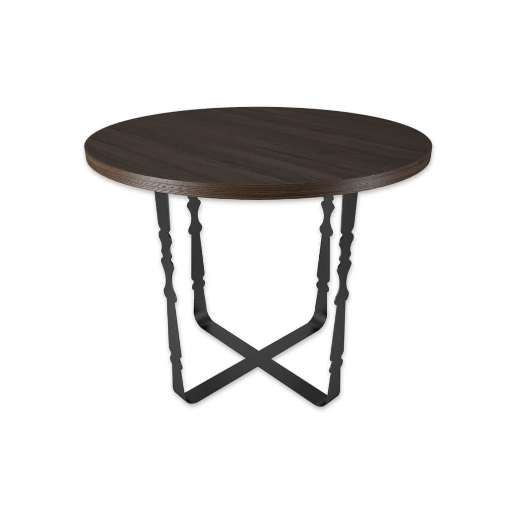 cyrus dining table with round wooden top and ornate metal cross base - Designers Image