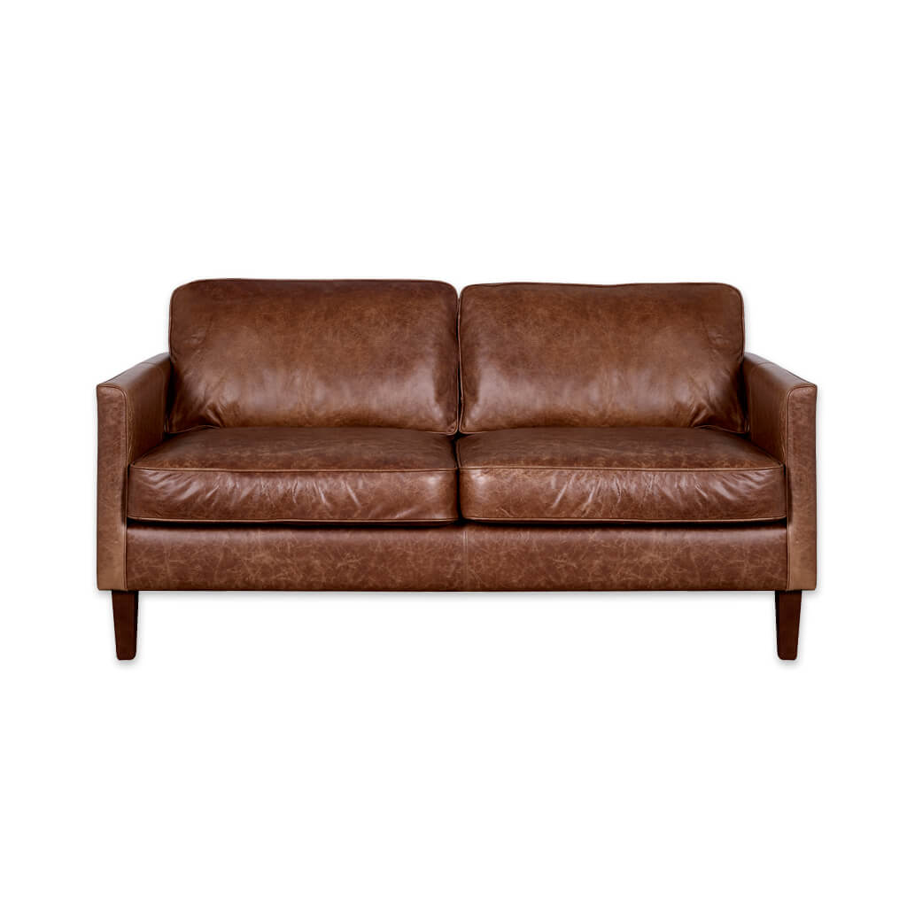Dahl light brown leather sofa with deep back and seat cushions and tapered wooden - Designers Image