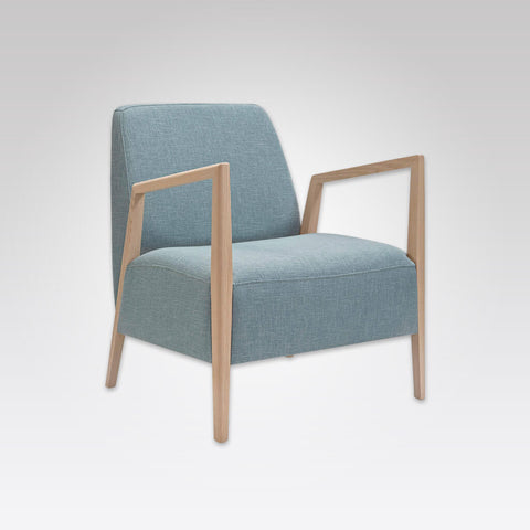 Sky blue deep a-frame Edwin lounge chair with exposed light wood arms