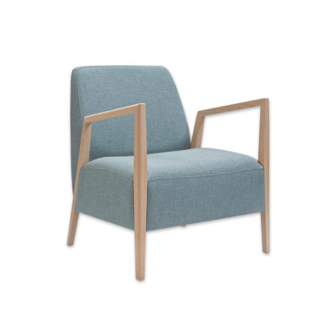 Sky blue deep a-frame Edwin lounge chair with exposed light wood arms