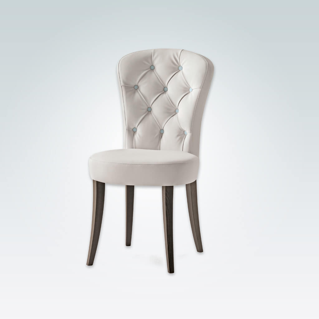 Euforia Button Back Dining Chair Rounded Lines in Faux White Leather with Contrasting Buttons and Timber Legs 3029 RC1