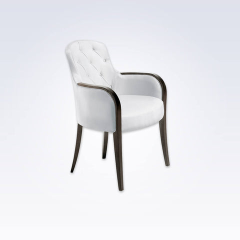 Euforia Upholstered White Leather Tub Chair With Buttoned Back And Curved Show Wood Armrests