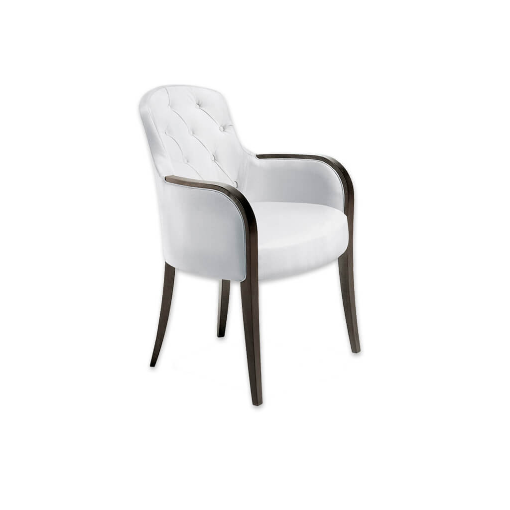 Euforia Upholstered White Leather Tub Chair With Buttoned Back And Curved Show Wood Armrests - Designers Image
