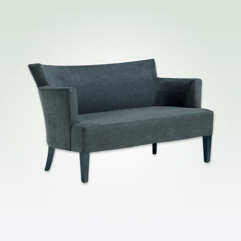 Evelyne dark grey suede sofa with sweeping back angular arms and tapered feet 