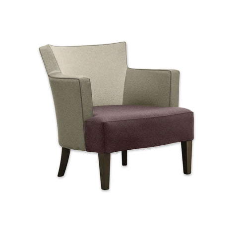 Evelyne Fully Upholstered Brown Armchair with Armrests Tapered Timber Legs and Contrasting Piping