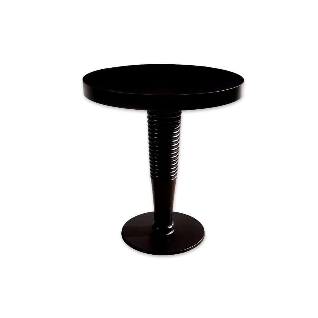 Galini modern black dining table with ridge detail to the pedestal and round top - Designers Image