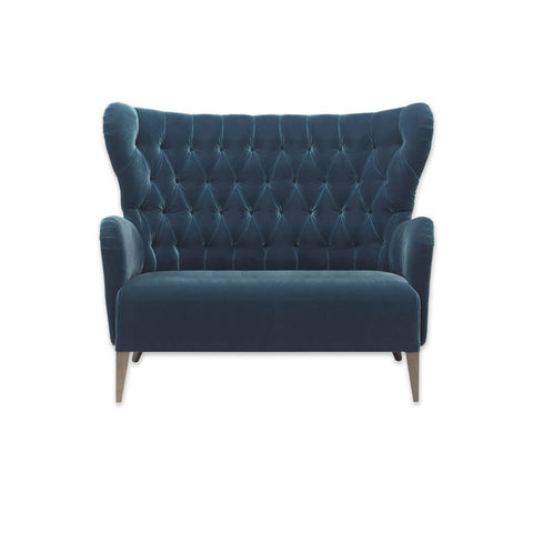 Heather winged high back velvet sofa in blue with decorative buttoning and tapered legs 