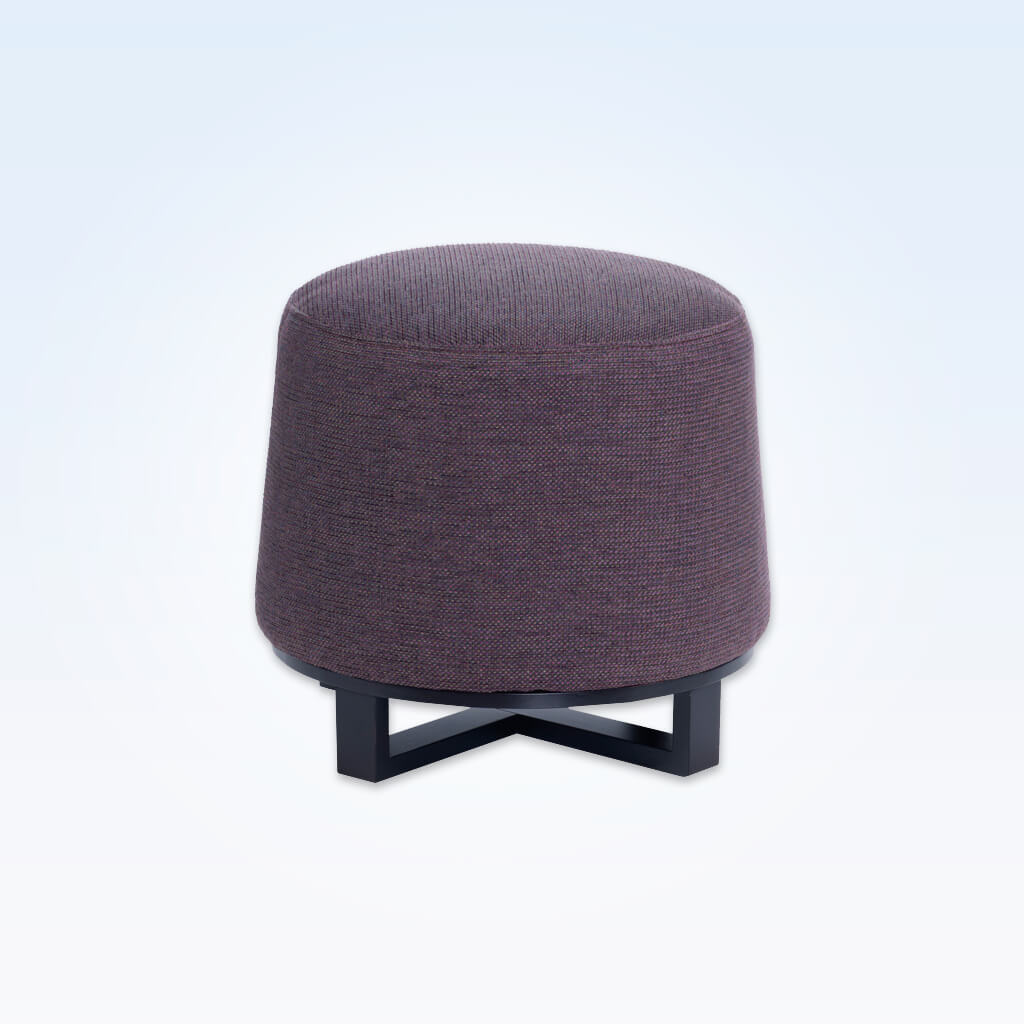 Immo purple round ottoman fully upholstered with wooden cross legs to the base