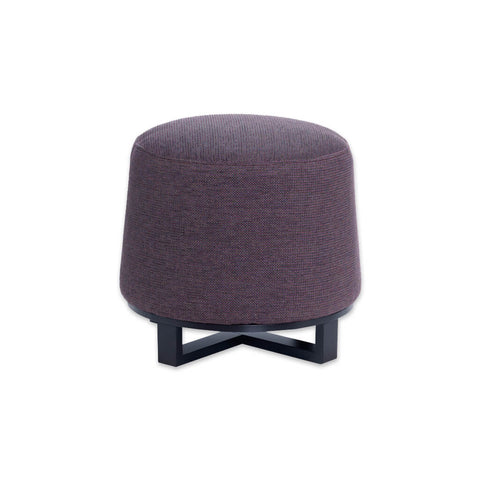 Immo purple round ottoman fully upholstered with wooden cross legs to the base 
