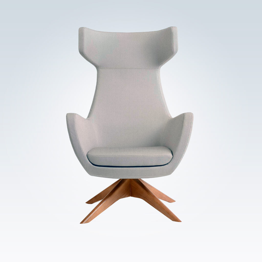 Iri taupe accent chair with high hammerhead back and a wooden cross base  