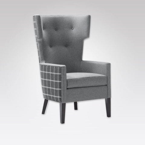 James Wing Design Grey Armchair with Highback Padded Seat Split Fabrics and Studding Detail to Outer Surface 