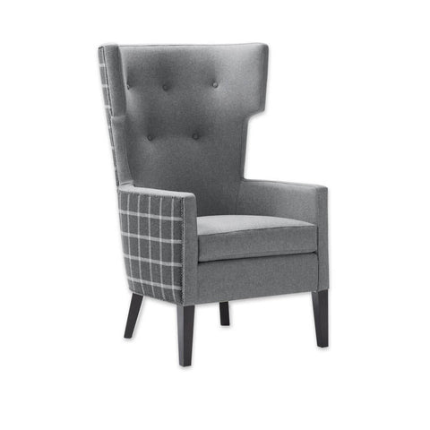 James Wing Design Grey Armchair with Highback Padded Seat Split Fabrics and Studding Detail to Outer Surface 