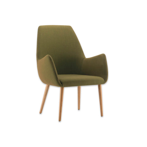 Kivi High Back Olive Green Lounge Chair with Splayed Arms and Light Conical Wooden Legs