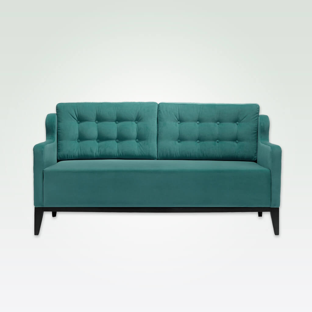 Lydia modern green sofa with angular arms, deep seat cushioning and buttoning to the backrest
