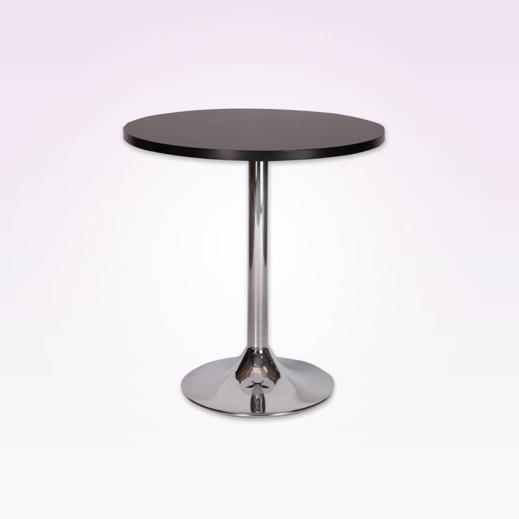 Lyka round silver dining table with metal pedestal base and round wood top