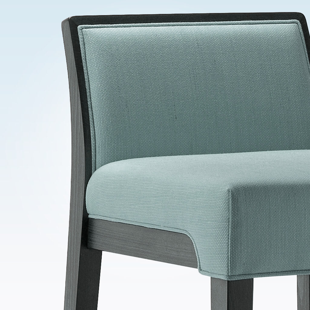 Madison turquoise bar stools with square padded seat and back with show wood trim - Detail View