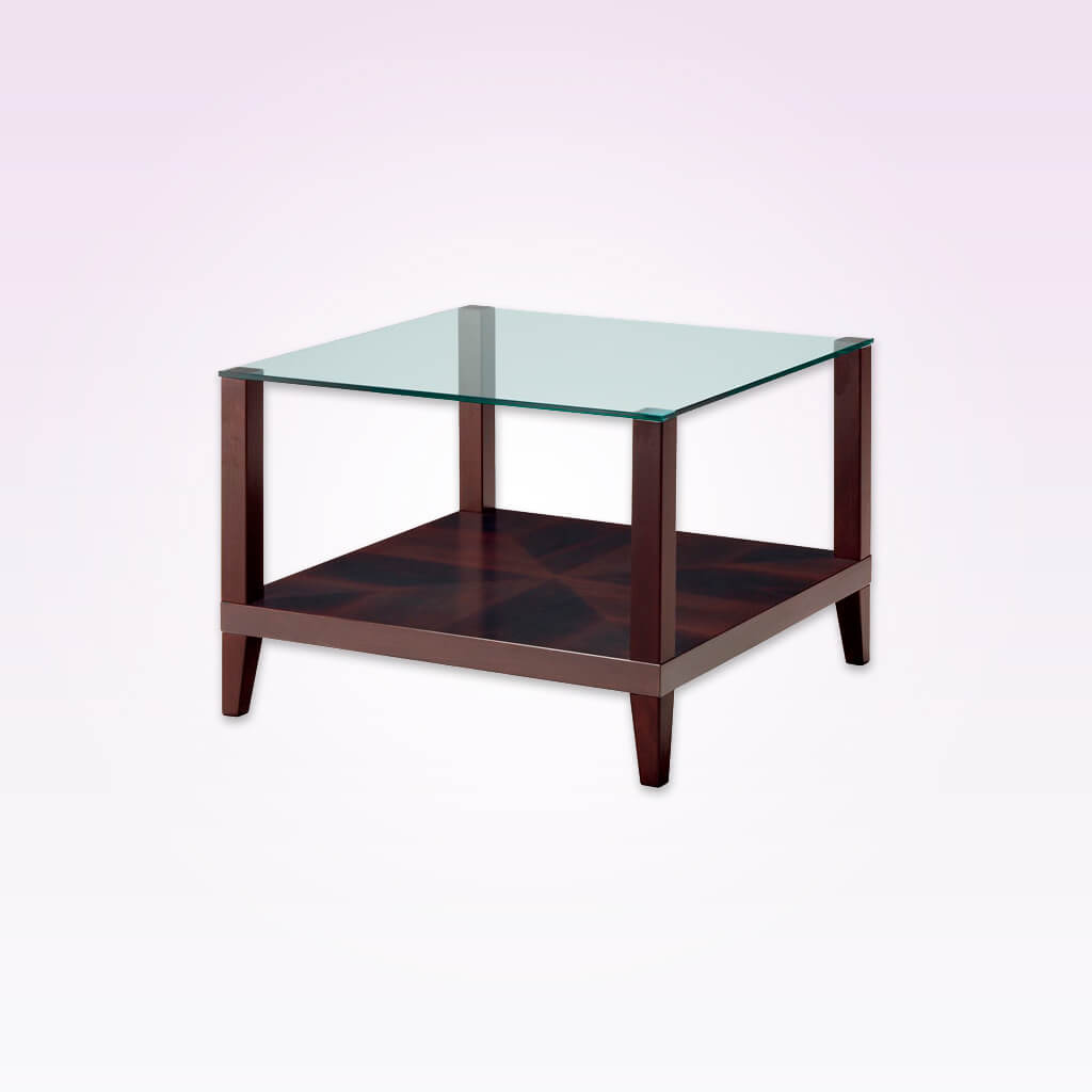 Magra square glass top bar table with wooden frame and shelf 