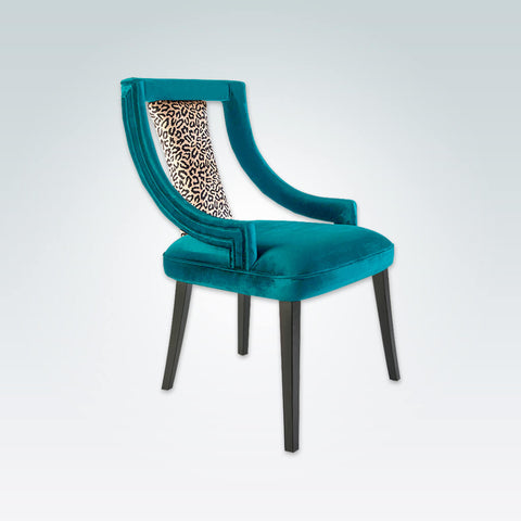 Marlu teal restaurant chair with back detail and timber frame