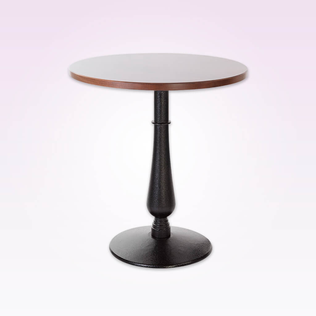 Masa detailed single pedestal black and brown dining table with round base and round wooden top