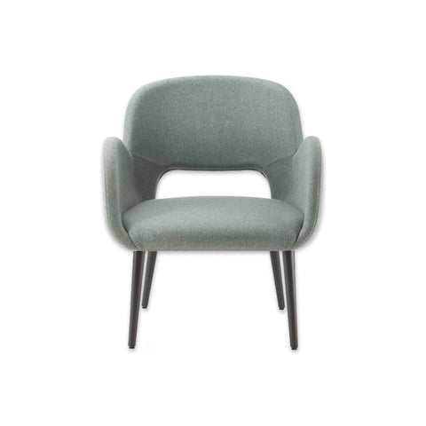 Mateo Grey Fabric Tub Chair Cutout Back Detail Sweeping Armrests and Dark Timber Legs