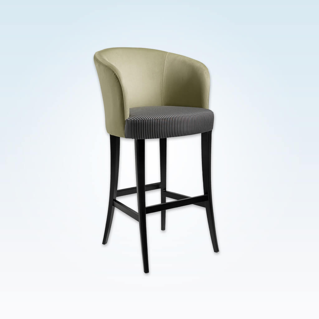 Nerina olive green  bar stool with high curved backrest and contrast striped cushion 