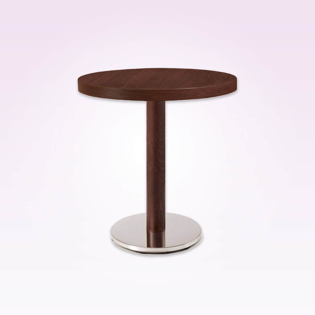 New york wood and metal dining table with round metal base plate and round wooden column