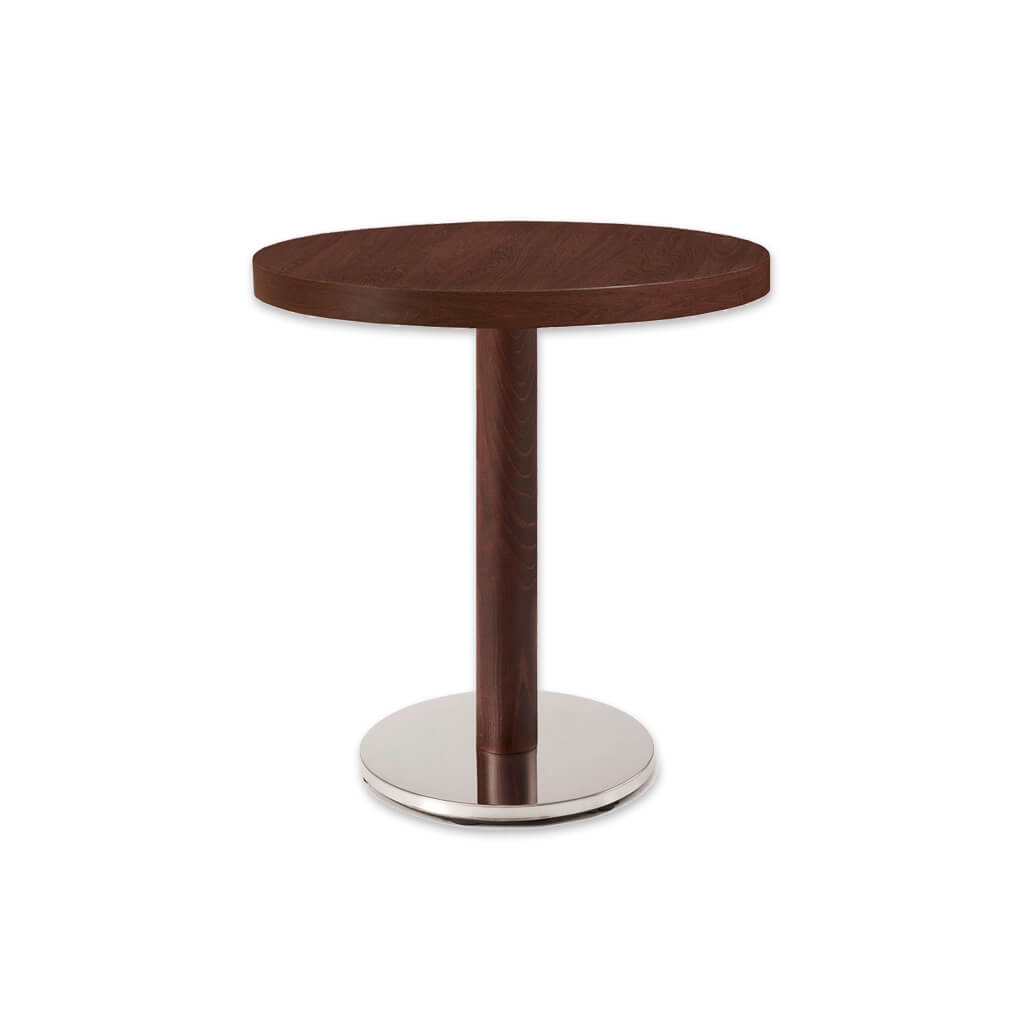 New york wood and metal dining table with round metal base plate and round wooden column - Designers Image