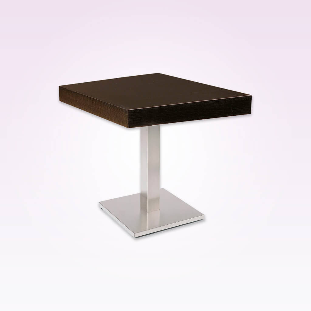 New york dark brown square dining table with square metal pedestal and wooden top