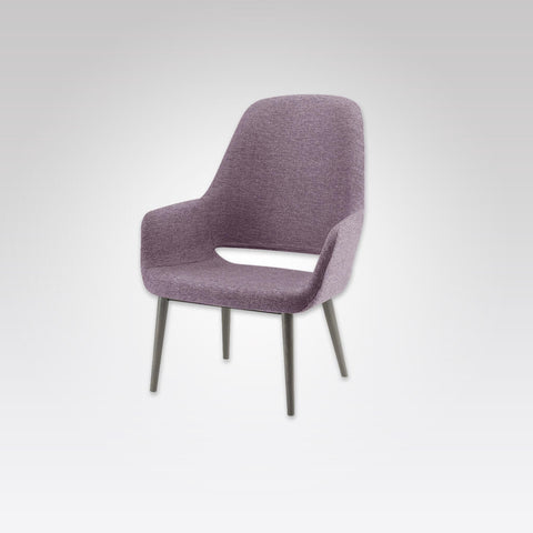 Ola Upholstered Purple Lounge Chair with Wooden Conical Legs and Open Back