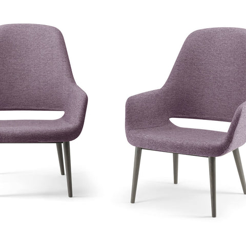 Ola Upholstered Purple Lounge Chair with Wooden Conical Legs and Open Back