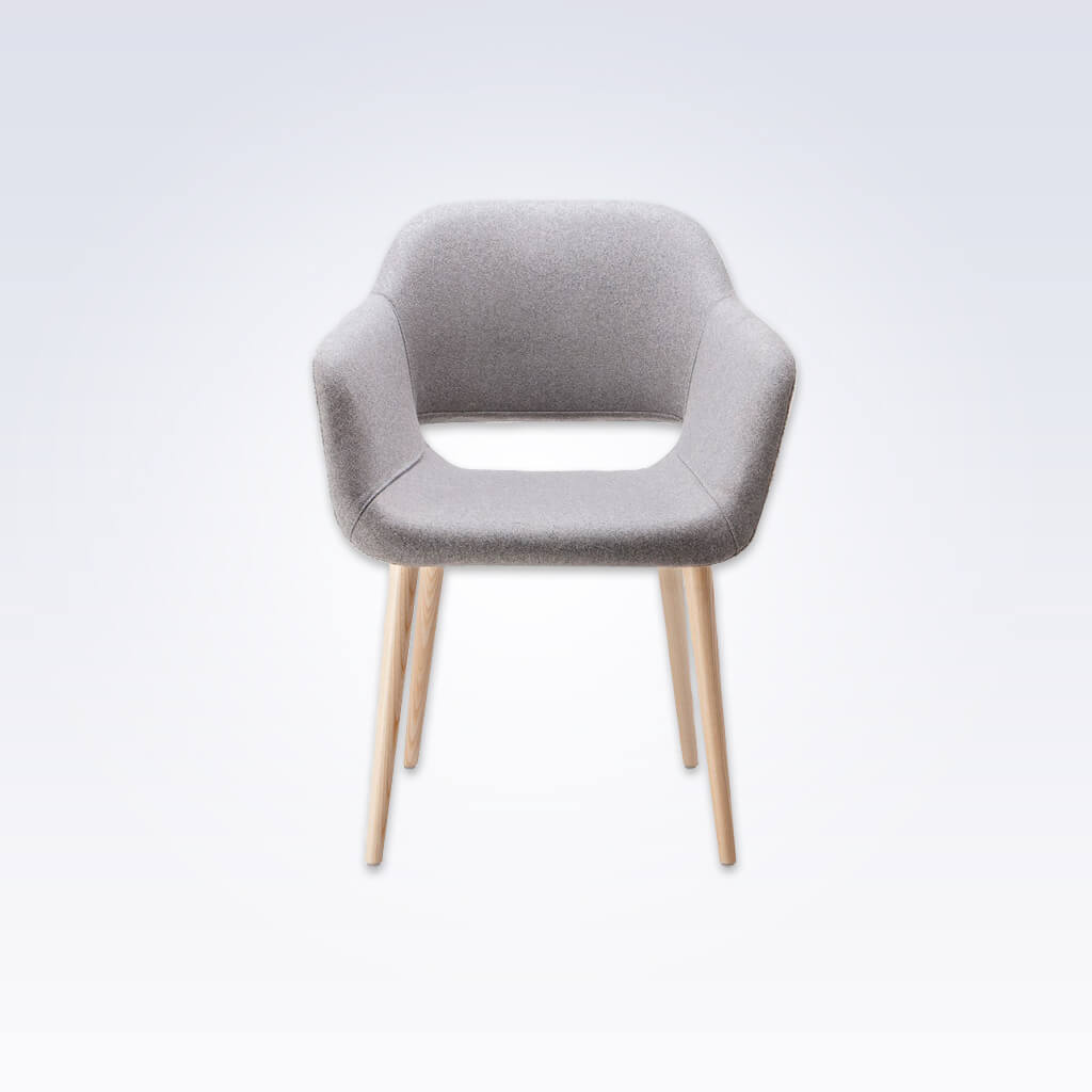 Ola Grey Fabric Tub Chair With Curved Cutout Detail Backrest and Splayed Timber Legs - Front View