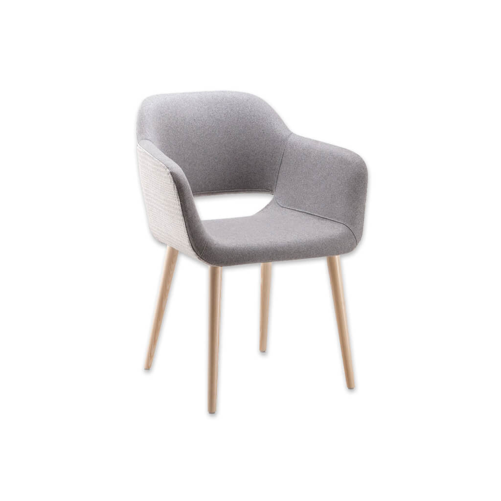 Ola Grey Fabric Tub Chair With Curved Cutout Detail Backrest and Splayed Timber Legs - Designers Image
