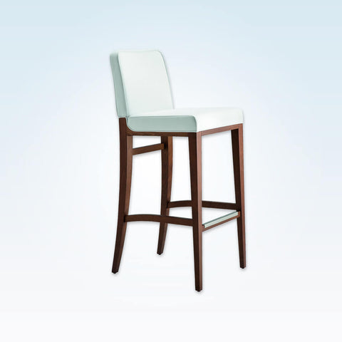 Opera white bar stool with padded backrest and cushion. Timber frame with metal trim to kick plate