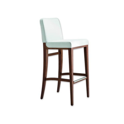 Opera white bar stool with padded backrest and cushion. Timber frame with metal trim to kick plate